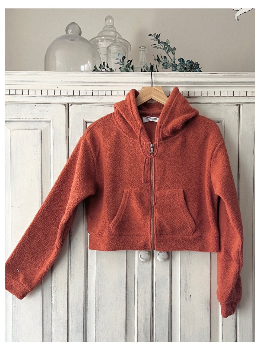 NWT DOUBLE ZERO Cropped Fleece Zip-Up Hoodie in Baked Clay